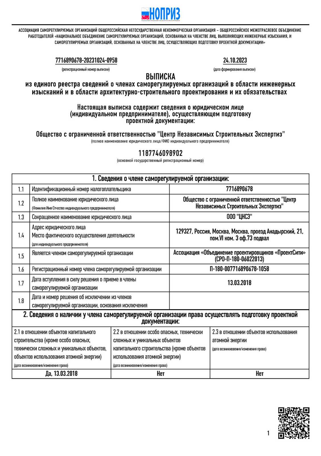 Выписка СРО проектировщиков